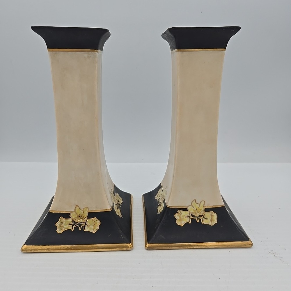 Vintage 6.5" Ceramic Candlestick Holders Made In Austria Royal Black Gold Set 2